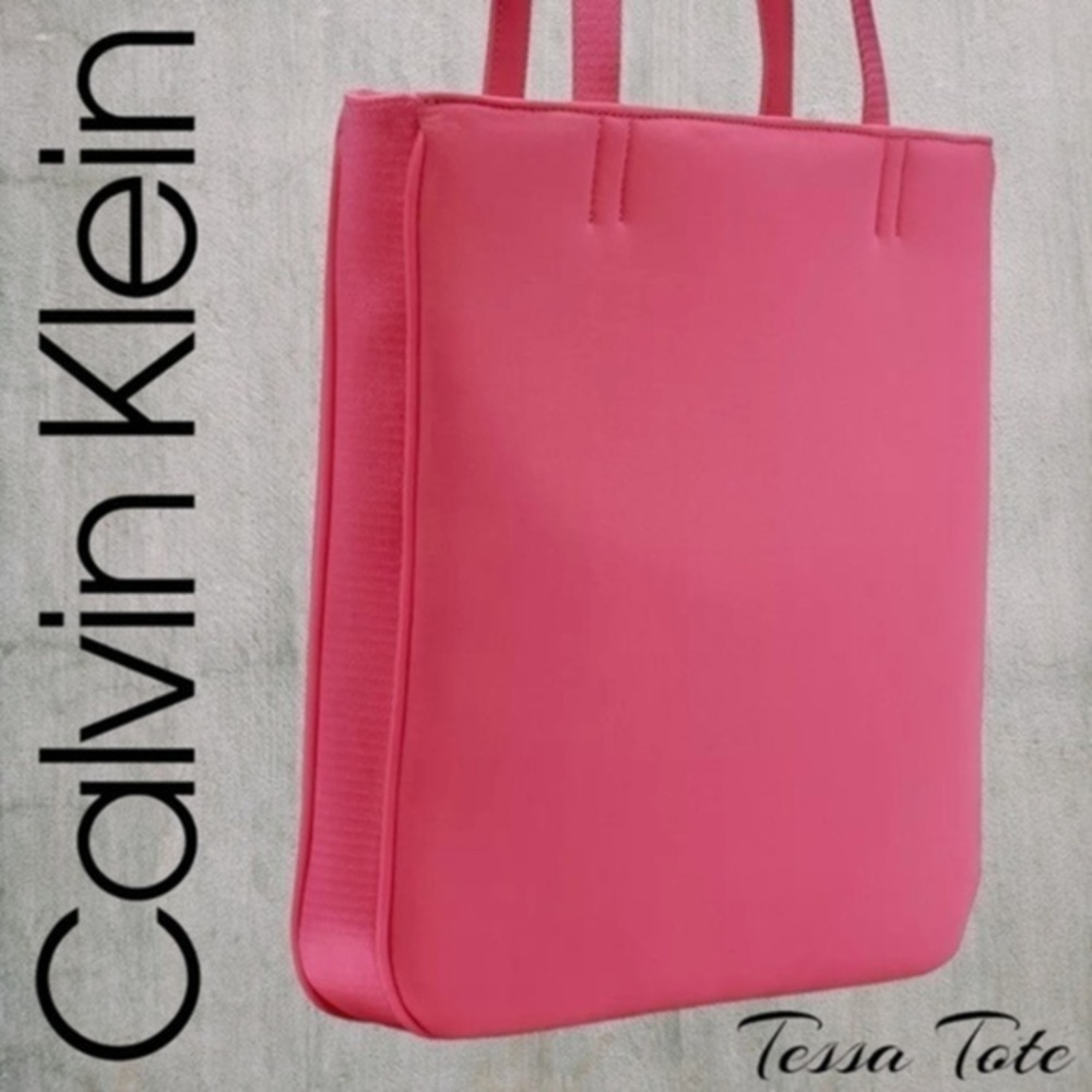 CALVIN KLEIN Tessa Neoprene Pocketed Top Snap Tote in Barbie Pink NWT